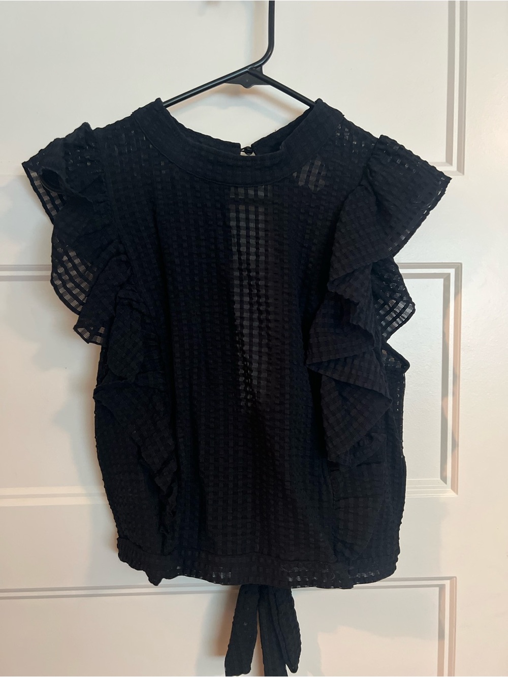Anthropologie Maeve sz L Black Ruffle Sleeve Women's Top Semi-Sheer